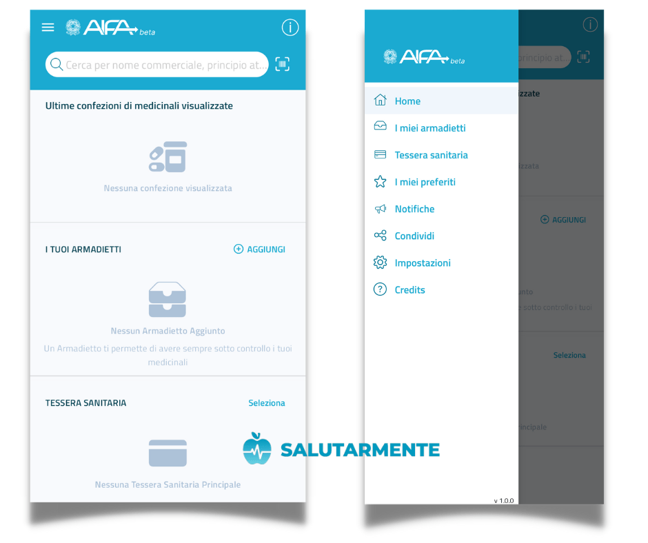 aifa app schermata iniziale menu